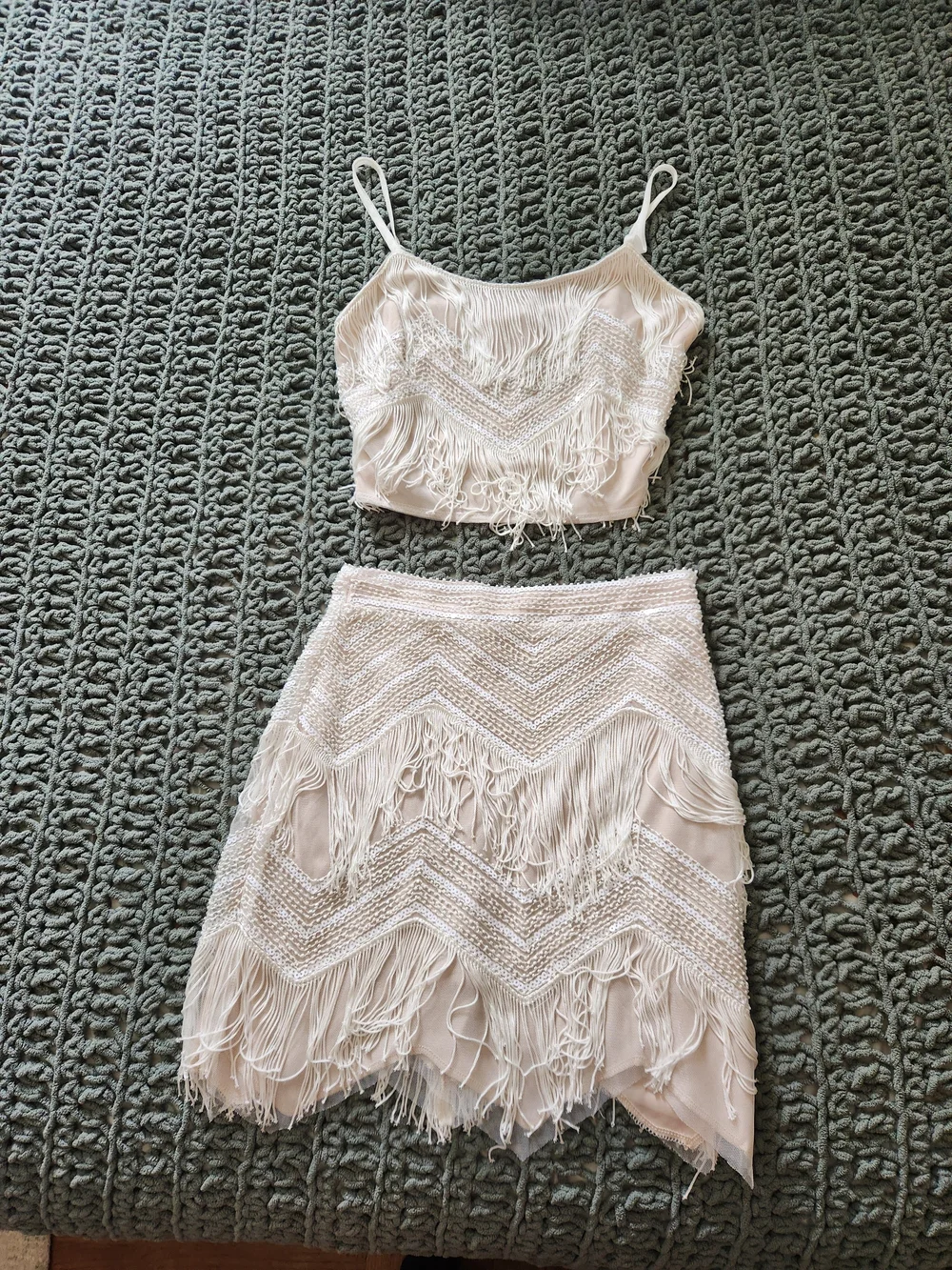 Lulu's White Fringe Beaded Mini Skirt Set - Picture 1 of 8